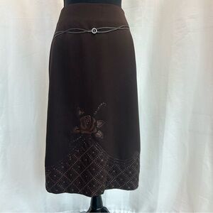 SIQIDIMAN Brown floral embroidered rhinestone pencil skirt